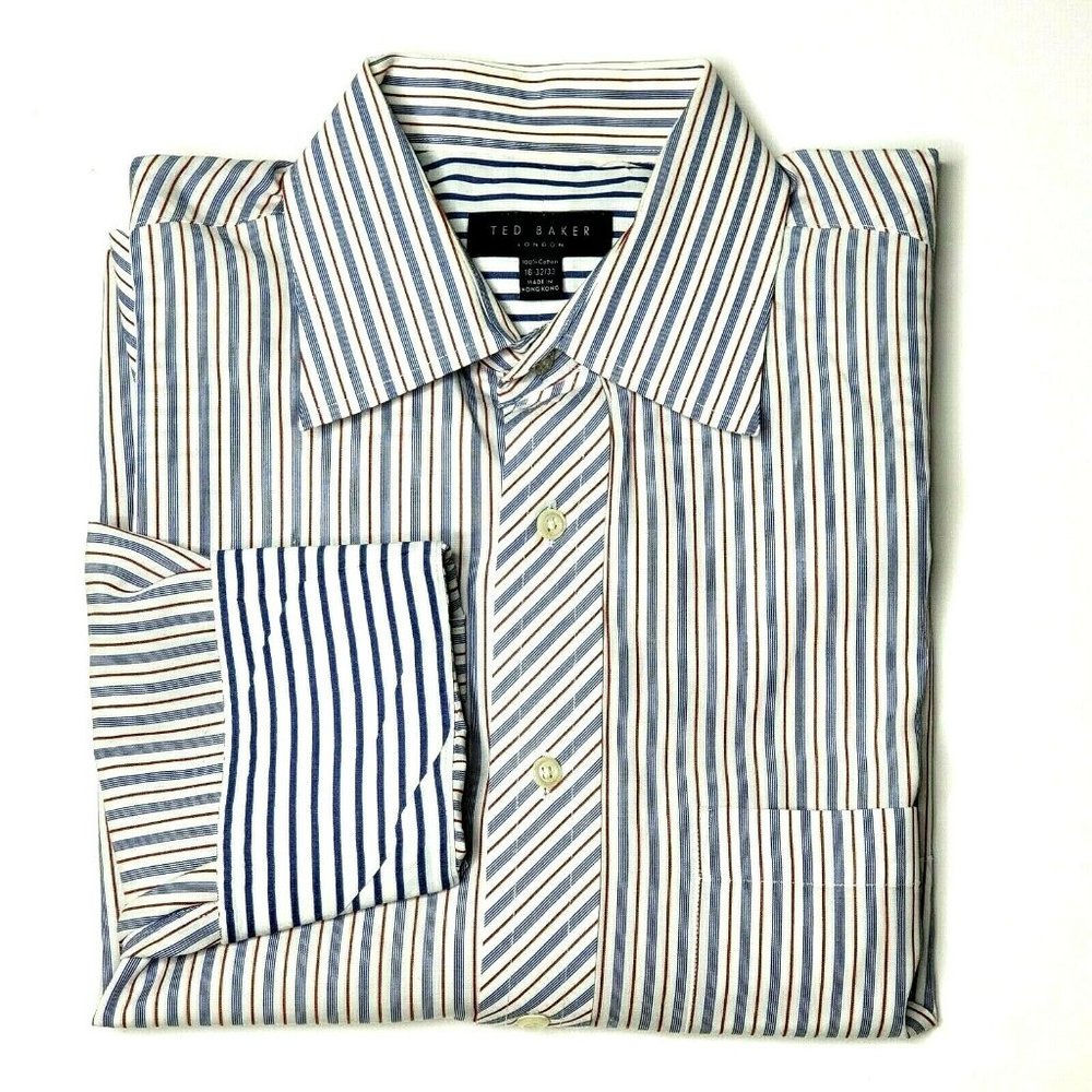 Ted Baker 16 32/33 Striped Dress Shirt Flip Cuffs